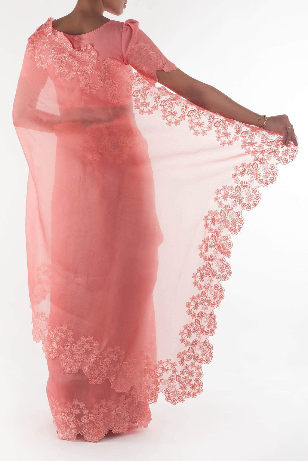 Forget-me-not Peach floral design saree from Embroidered Romance Collection by Nalli