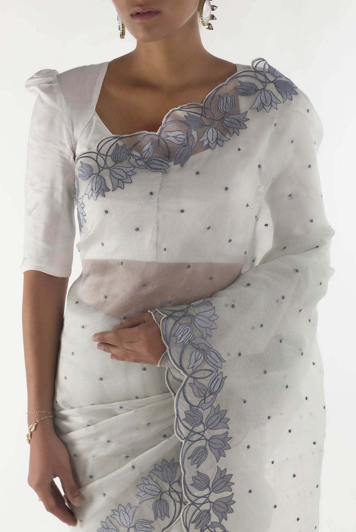 Piety of a Lili White floral design saree from Embroidered Romance Collection by Nalli