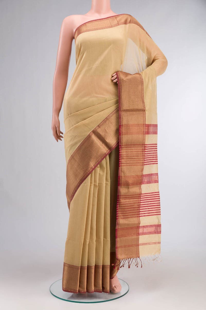 Beige Maheshwari Silk Cotton Saree