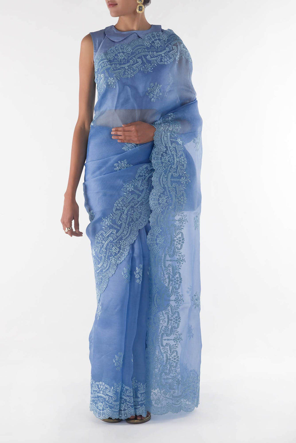 Romance of the Roses Blue floral design saree from Embroidered Romance Collection by Nalli