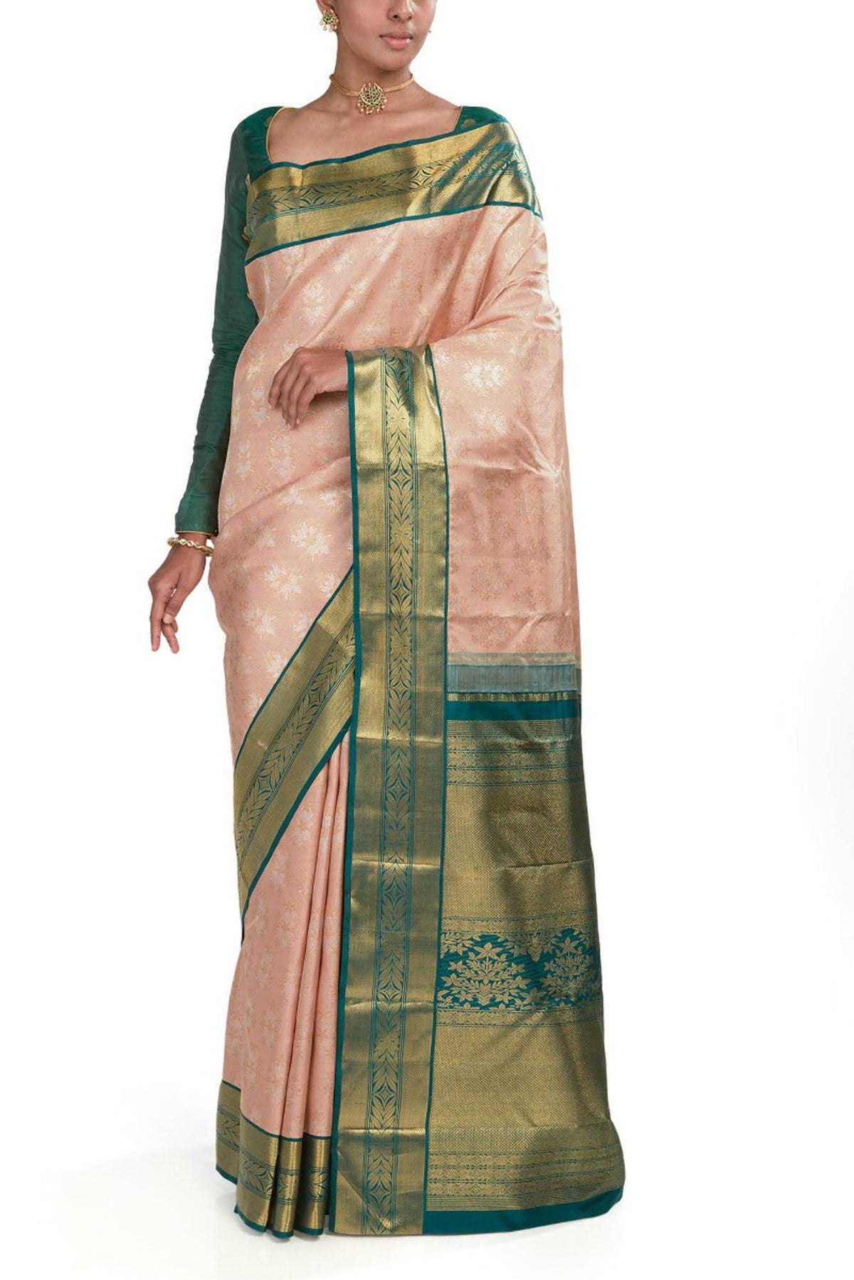 Malligai-Peach Kanchipuram Silk Saree
