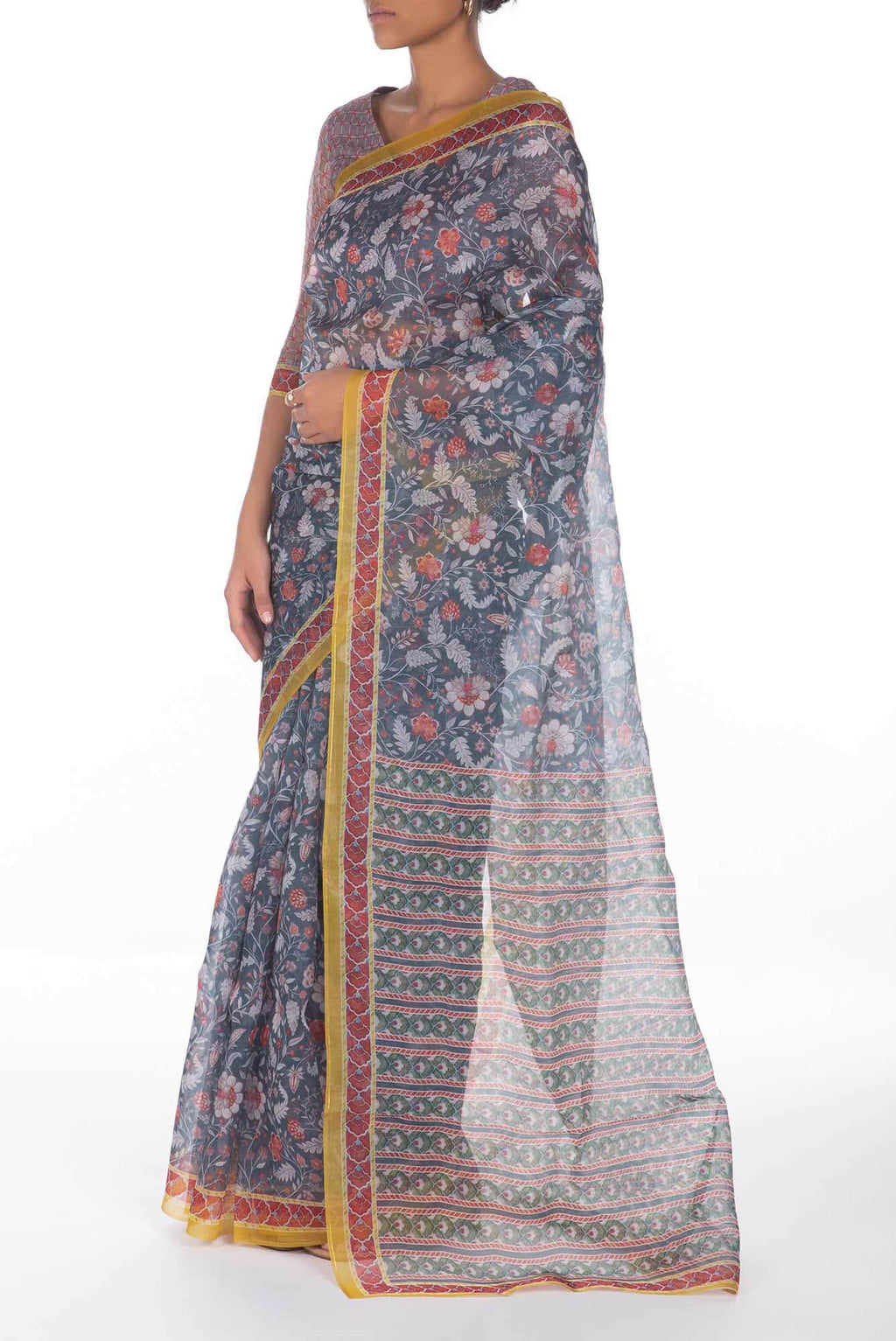 Guldasta Steel grey floral design saree from Chintz Collection, Designed by Nalli