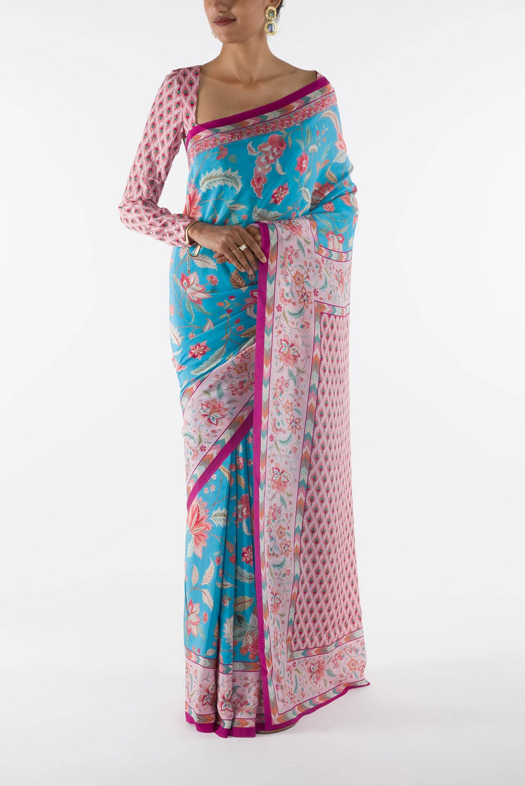 Bagicha - Sky Blue Floral design saree from Chintz Collection, Designed by Nalli