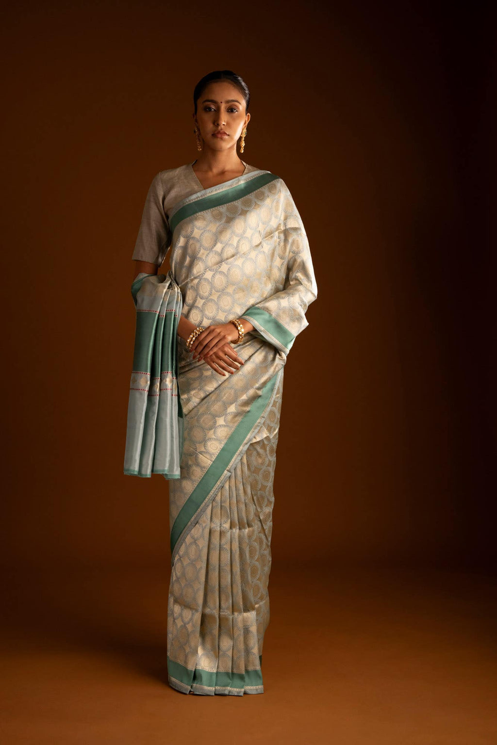 Shimmer Soleil-Sage Green Banarasi Silk Saree