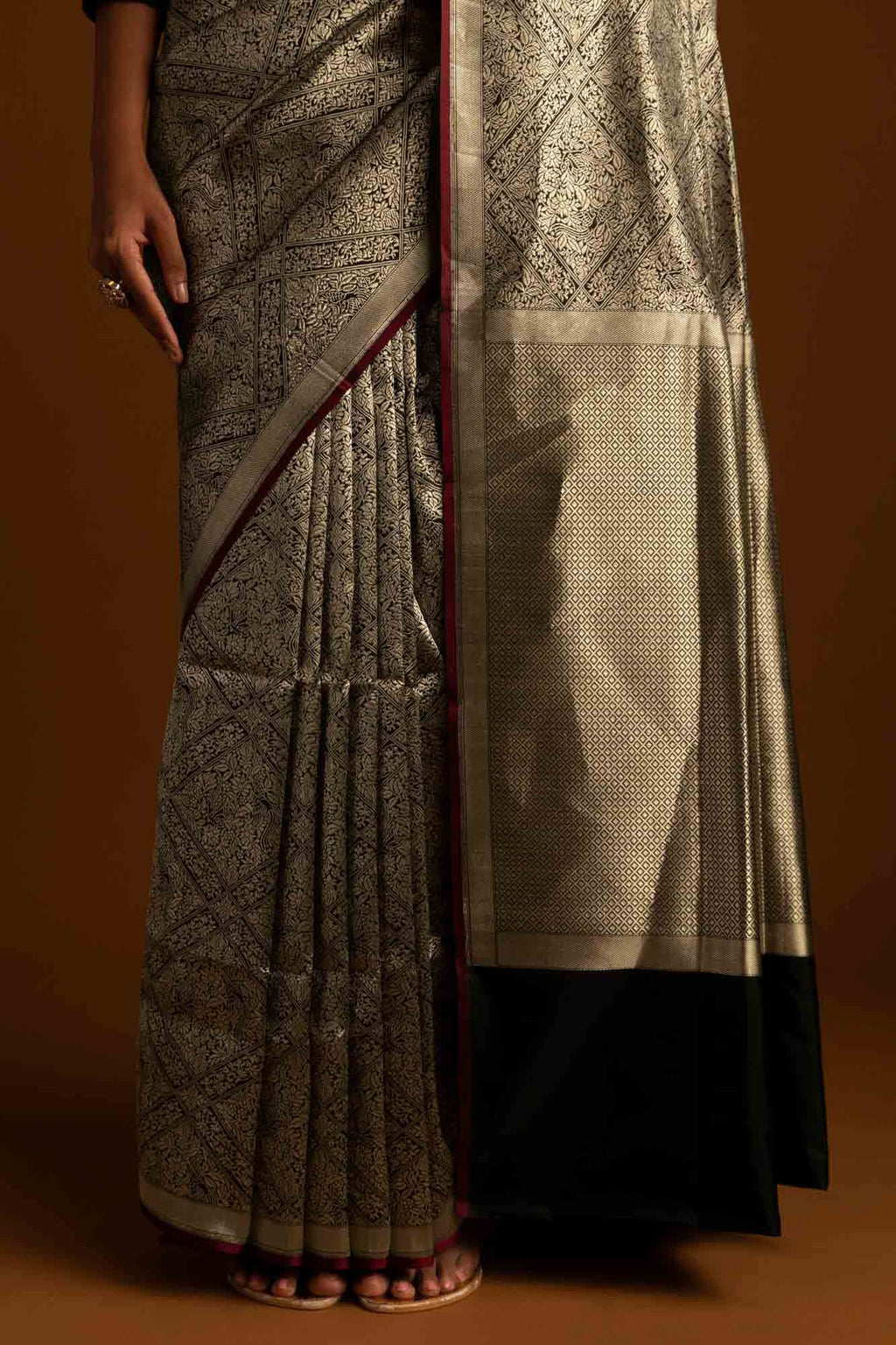 The jeweled Bird-Black Banarasi Silk Saree