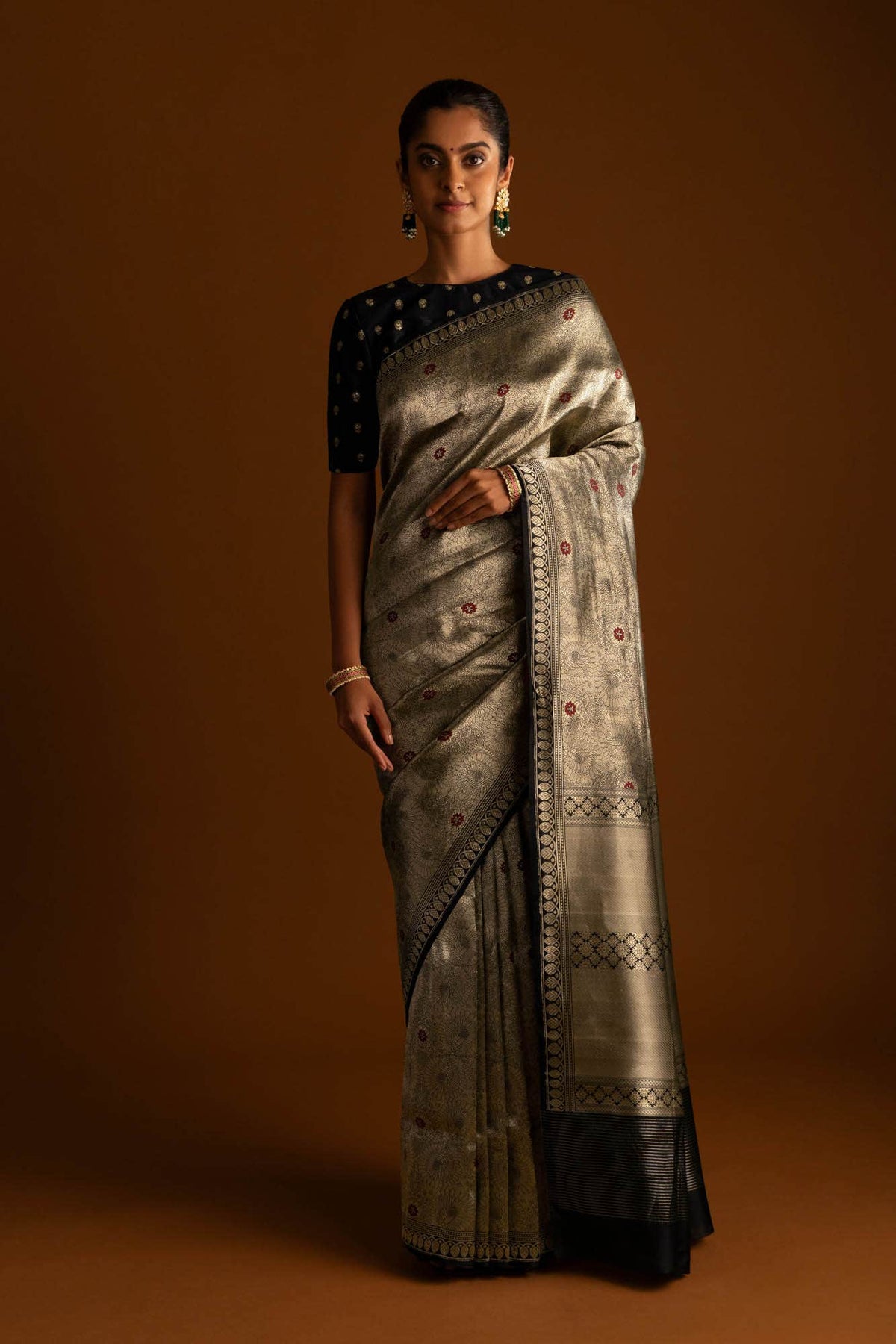 Mor-Black Banarasi Silk Saree