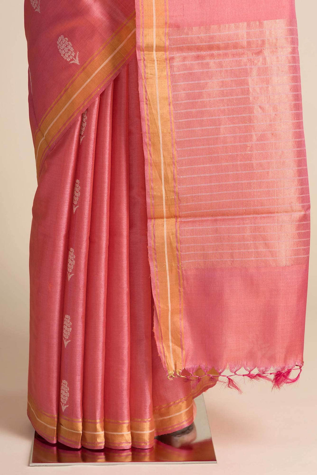 Basket of Lavender Flowers-Bhagalpuri Tussar Silk Saree in Coral Color