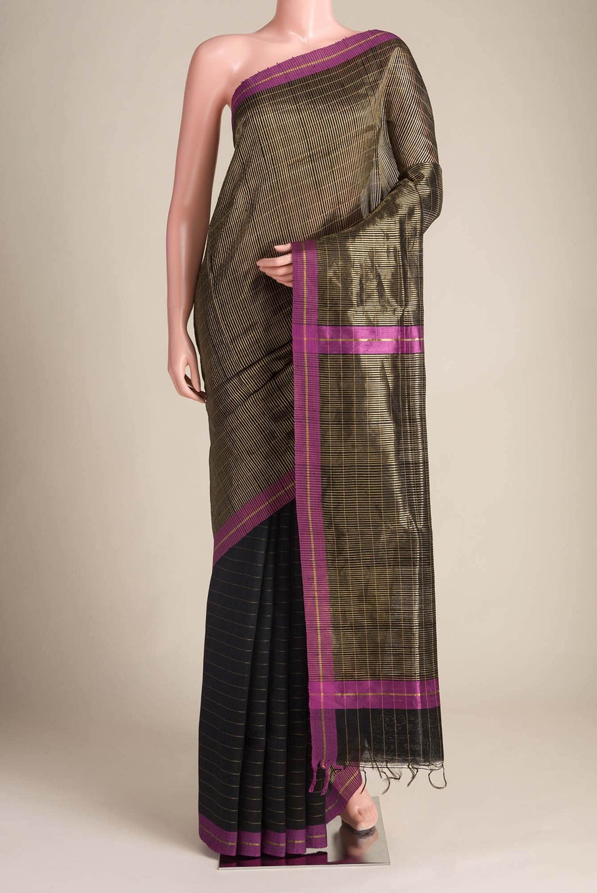 Orchid Dream-Black Bhagalpuri Tussar Silk Saree