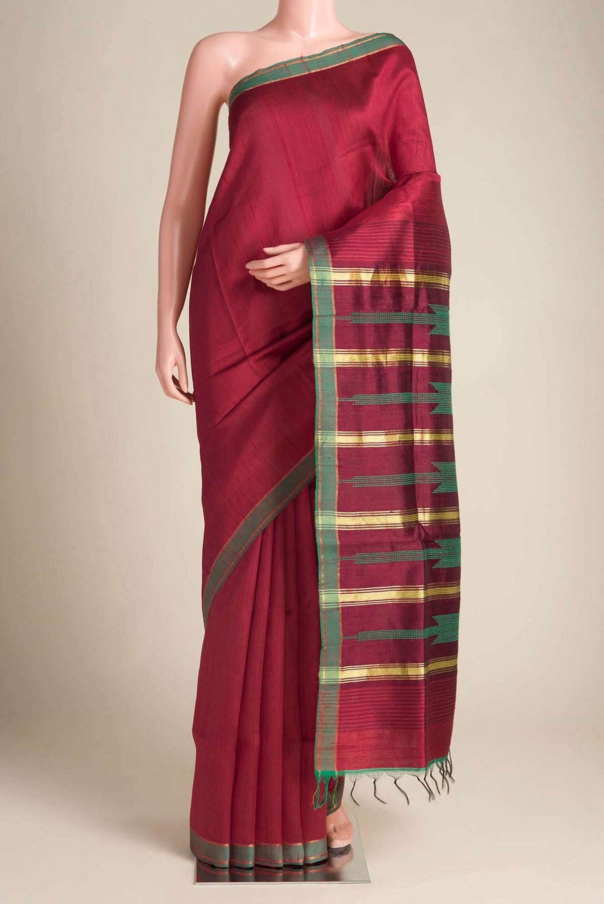 Emerald Ember-Red Bhagalpuri Tussar Silk Saree