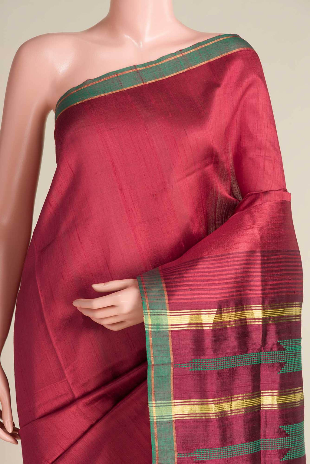 Emerald Ember-Red Bhagalpuri Tussar Silk Saree