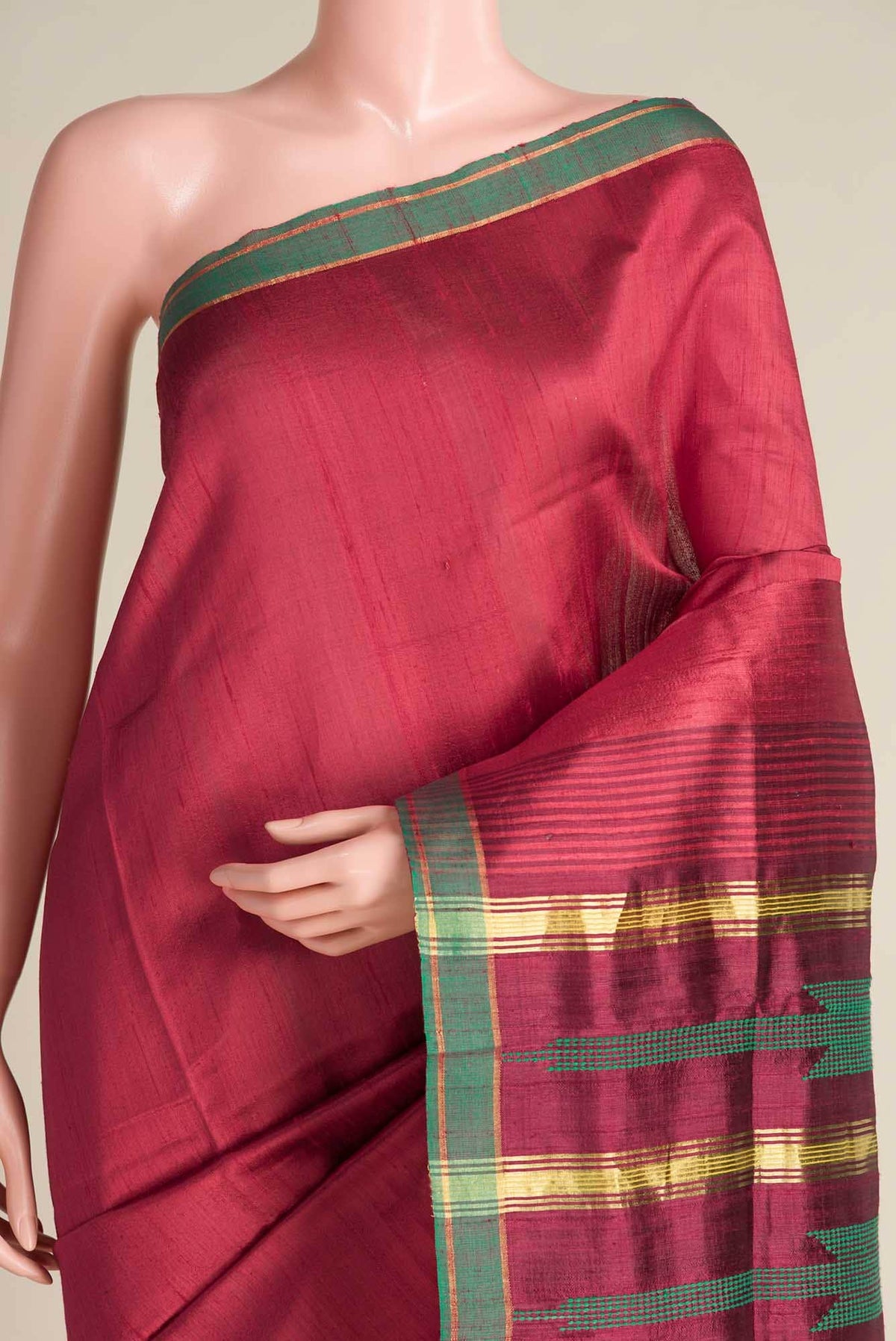 Emerald Ember-Red Bhagalpuri Tussar Silk Saree