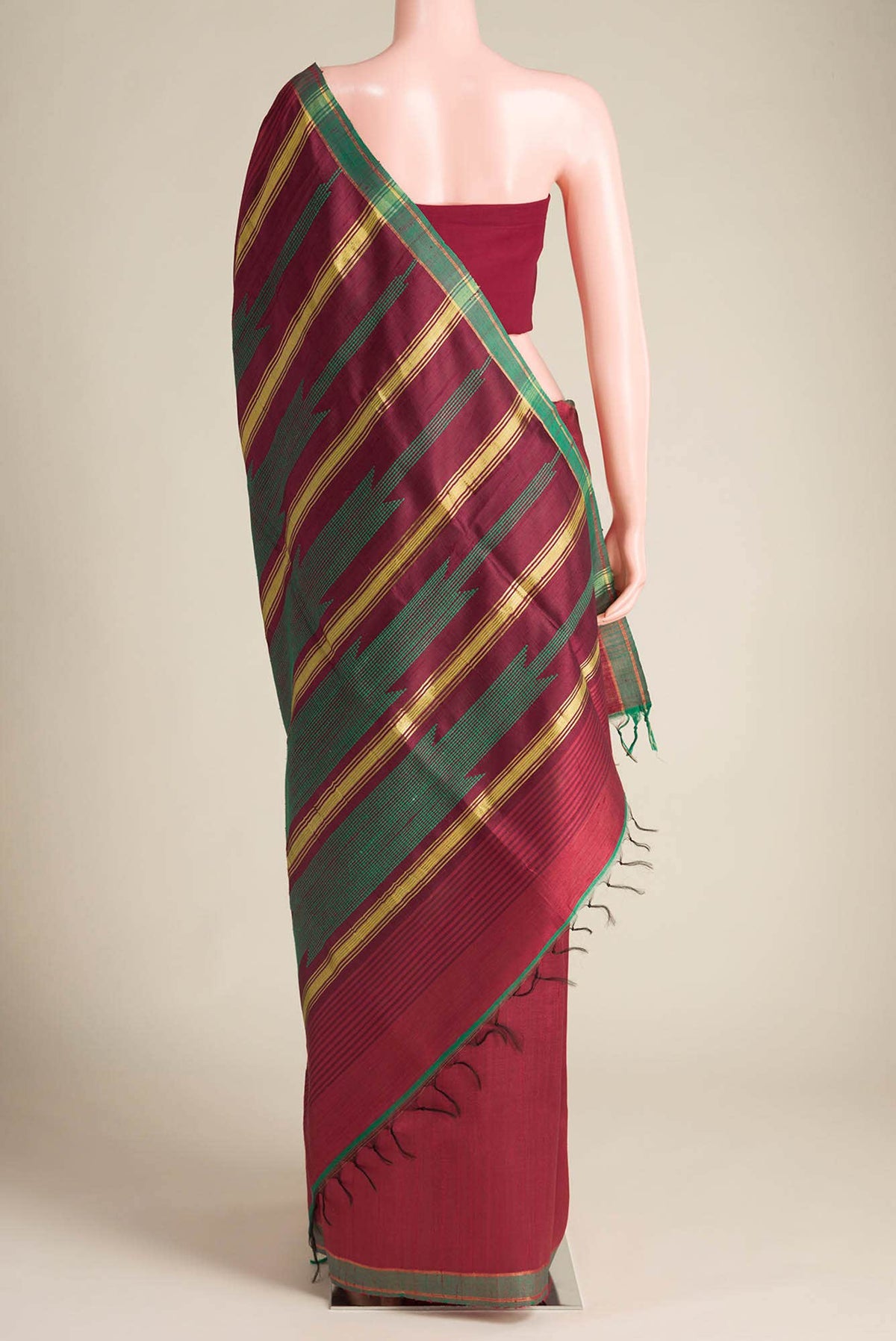 Emerald Ember-Red Bhagalpuri Tussar Silk Saree