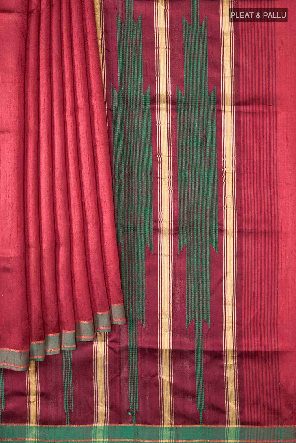 Emerald Ember-Red Bhagalpuri Tussar Silk Saree