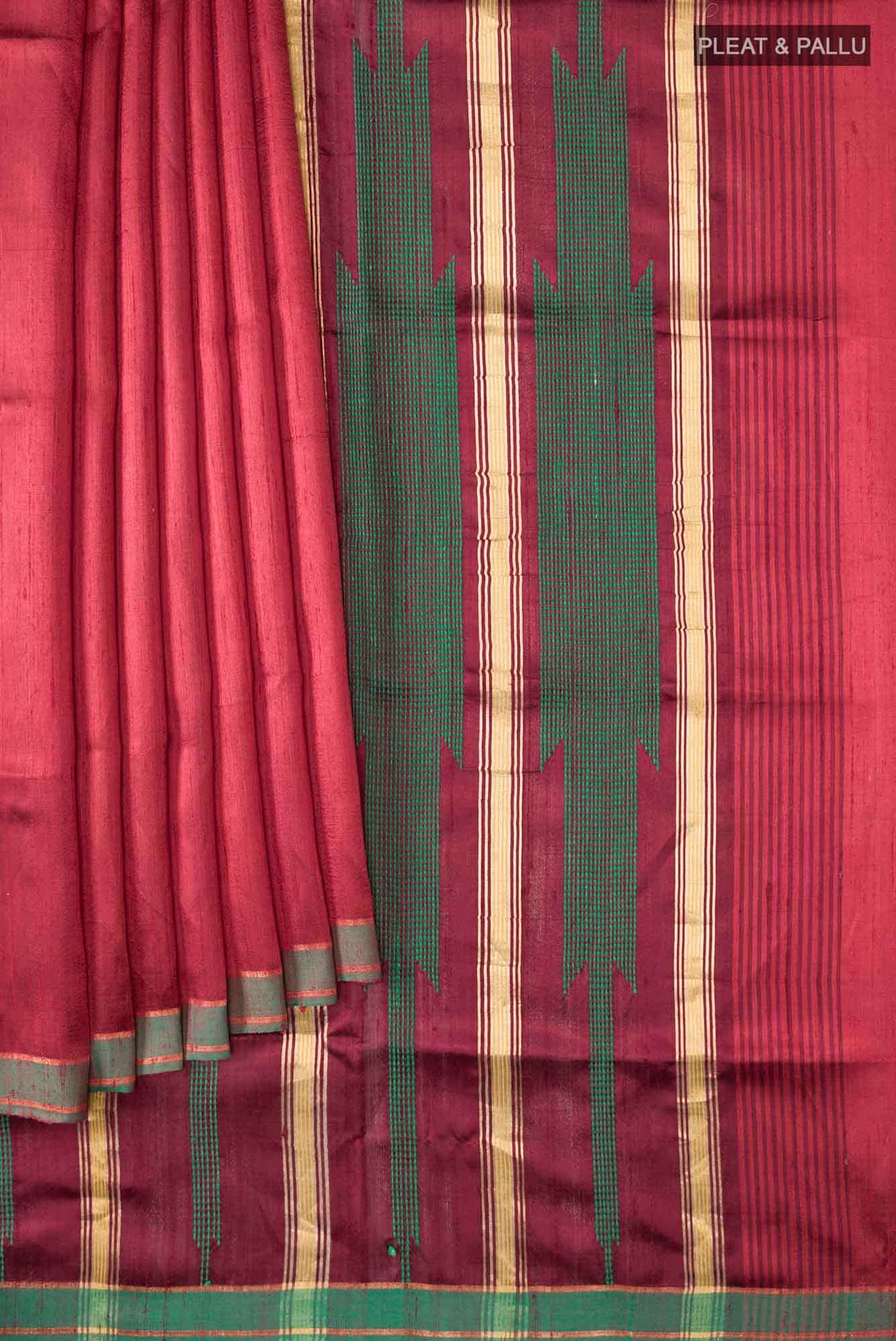 Emerald Ember-Red Bhagalpuri Tussar Silk Saree