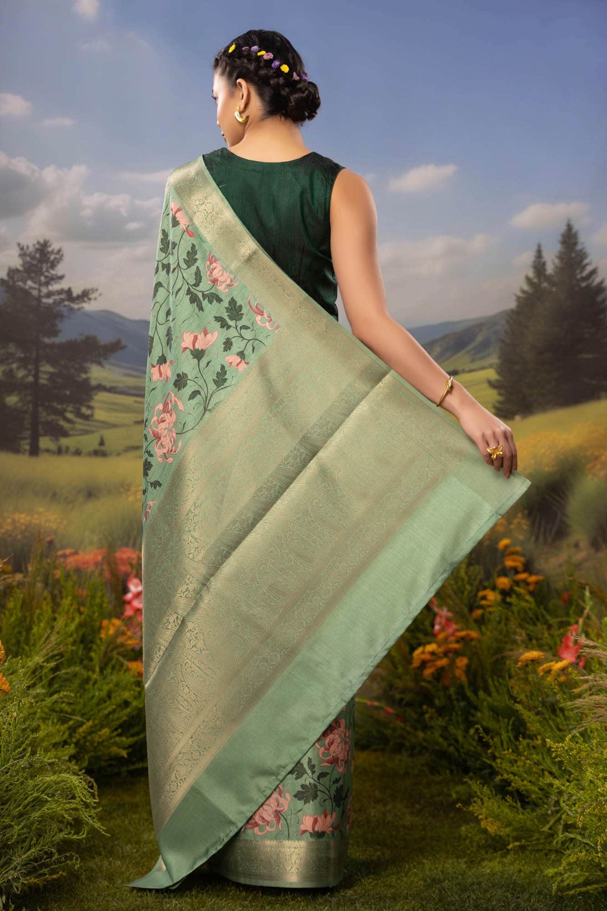 Bed of Flowers-Green Tussar Silk Saree
