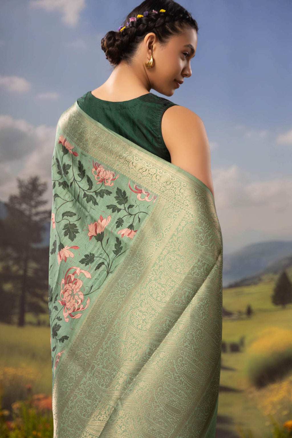 Bed of Flowers-Green Tussar Silk Saree
