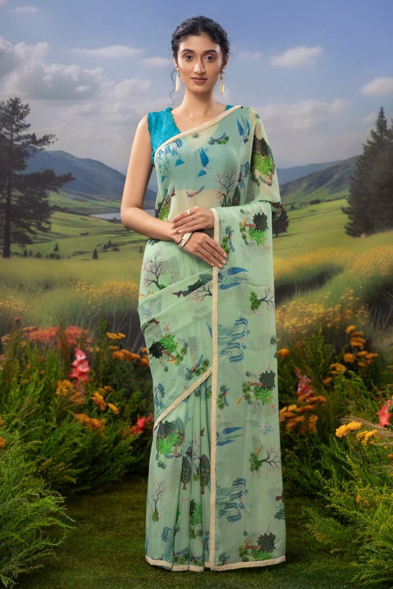 Tale of the Woods-Sea Green Organza Silk Saree