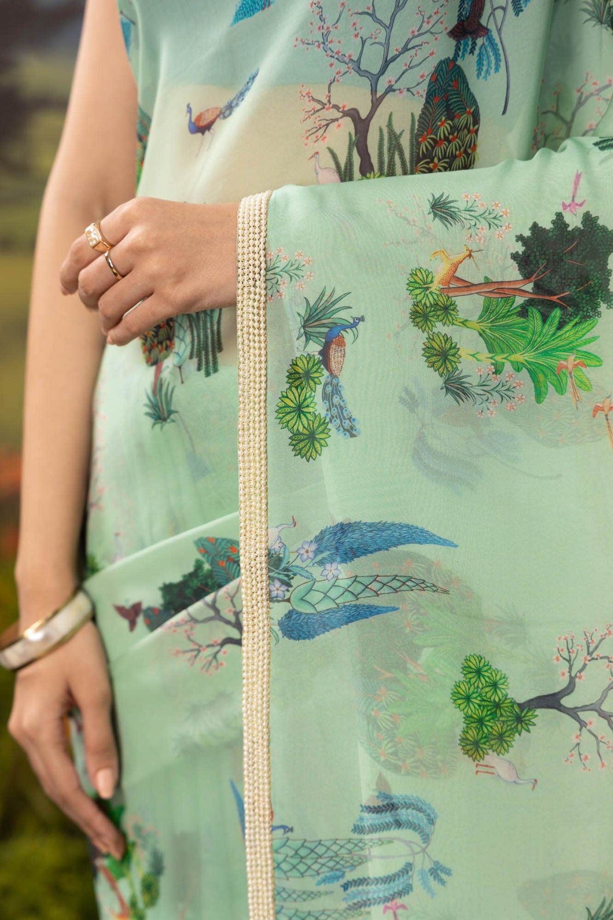 Tale of the Woods-Sea Green Organza Silk Saree