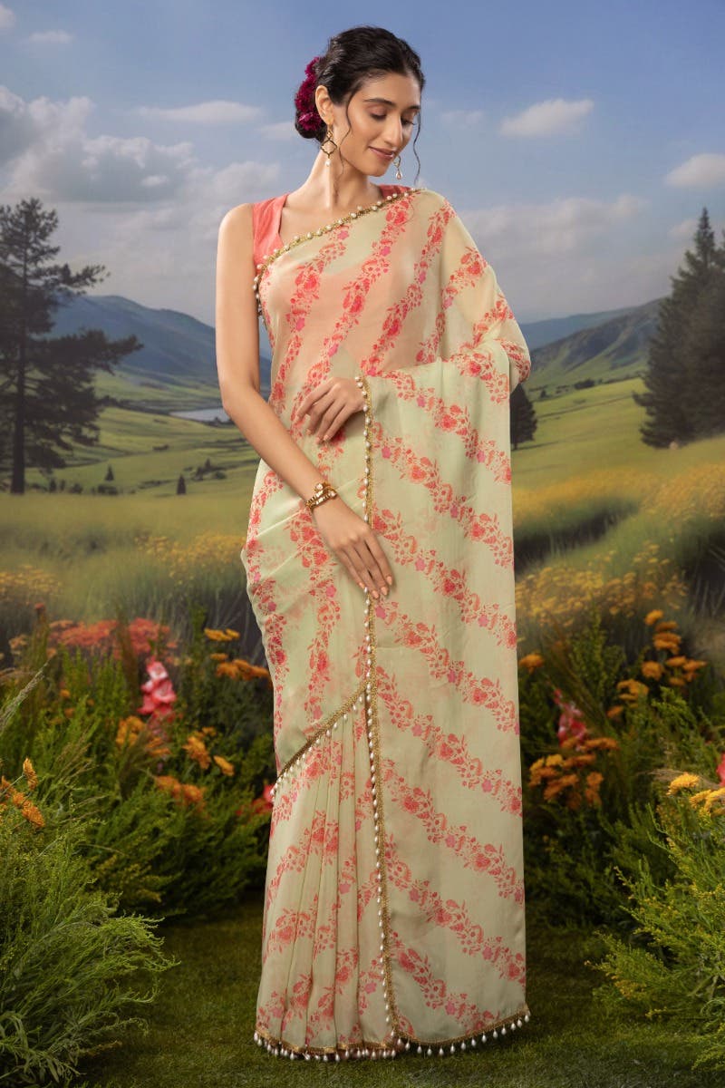 Floral Cascade-Pista Green Organza Silk Saree