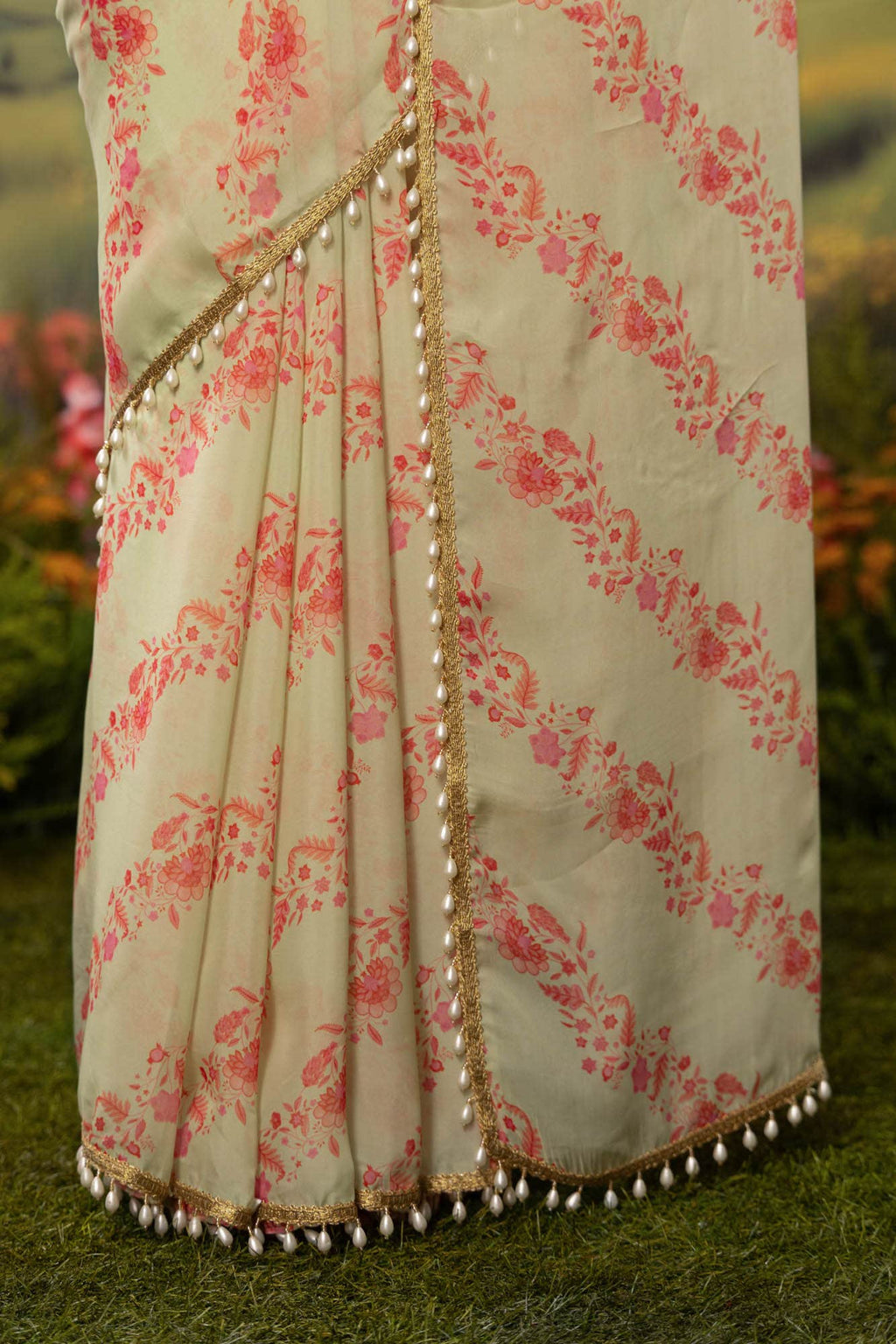 Floral Cascade-Pista Green Organza Silk Saree