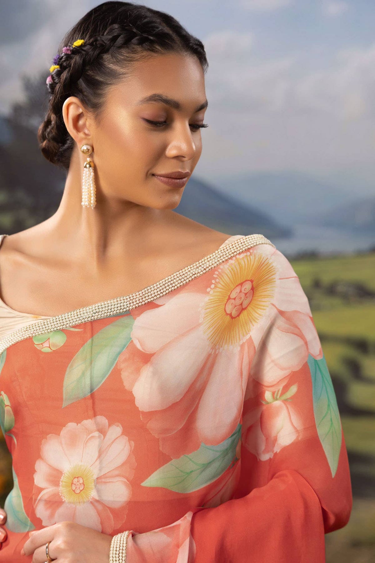 Flaming Peonies-Orange Organza Silk Saree