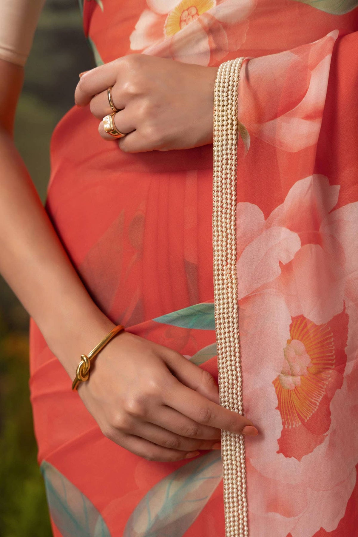 Flaming Peonies-Orange Organza Silk Saree