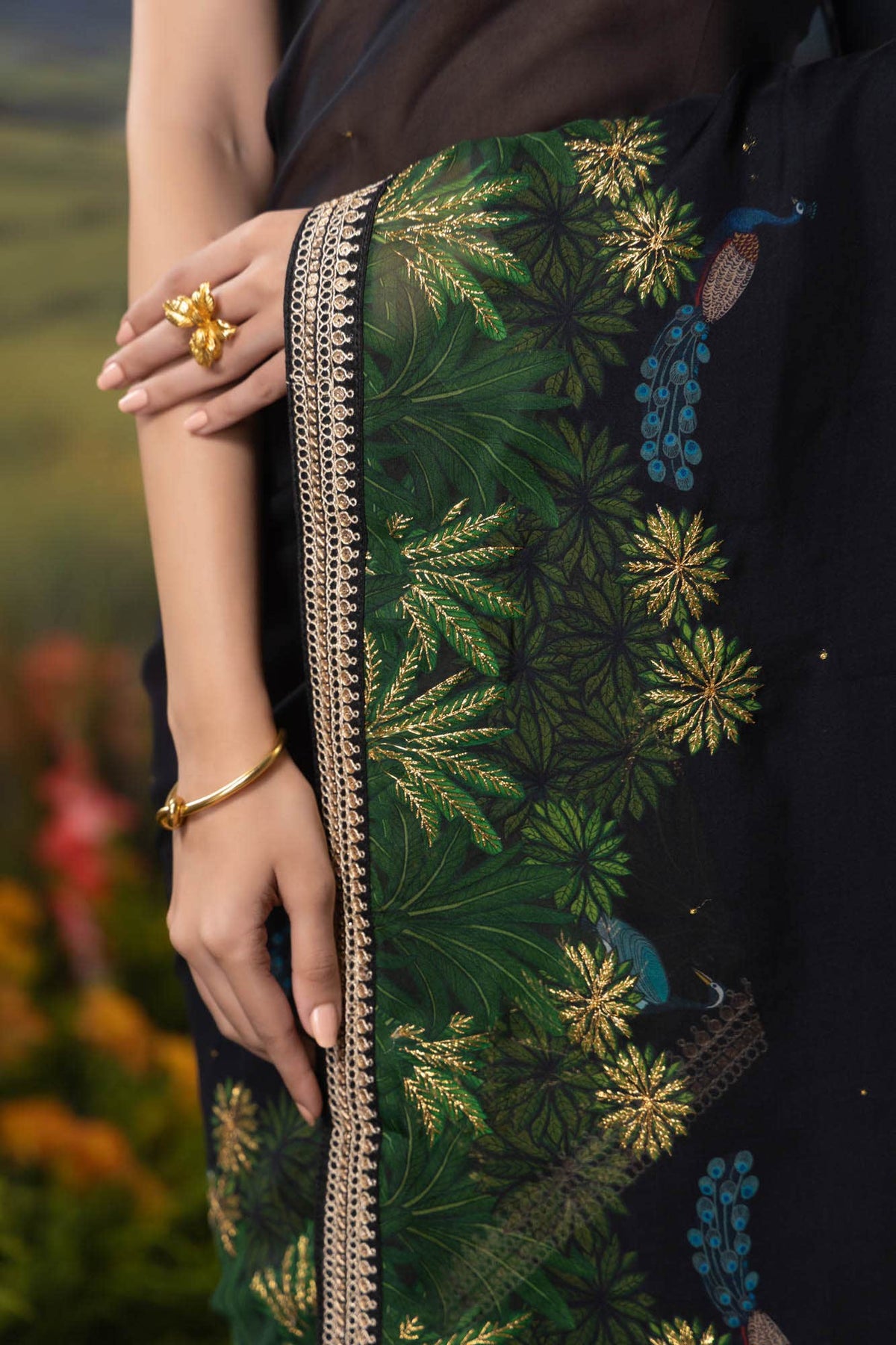Peacocks in Love-Black Organza Silk Saree