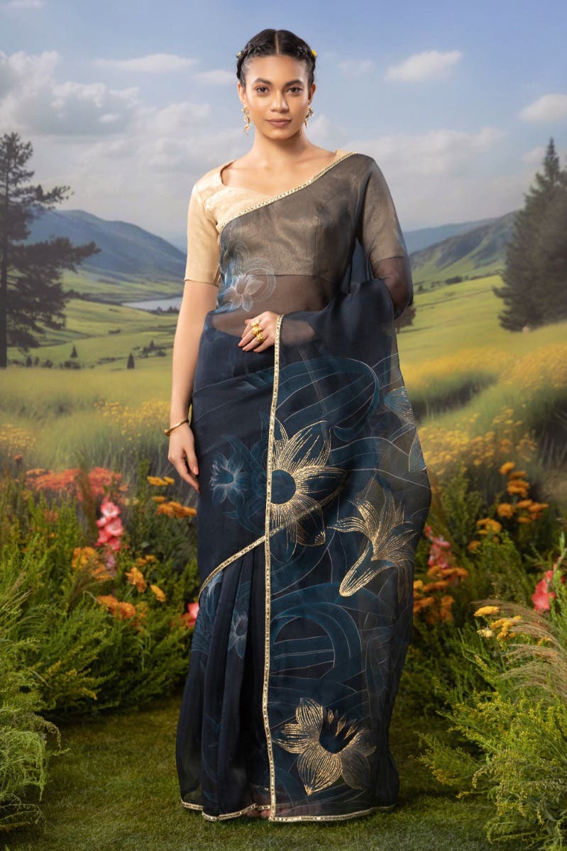 Gilded Daffodils-Blue Pure Organza Silk Saree