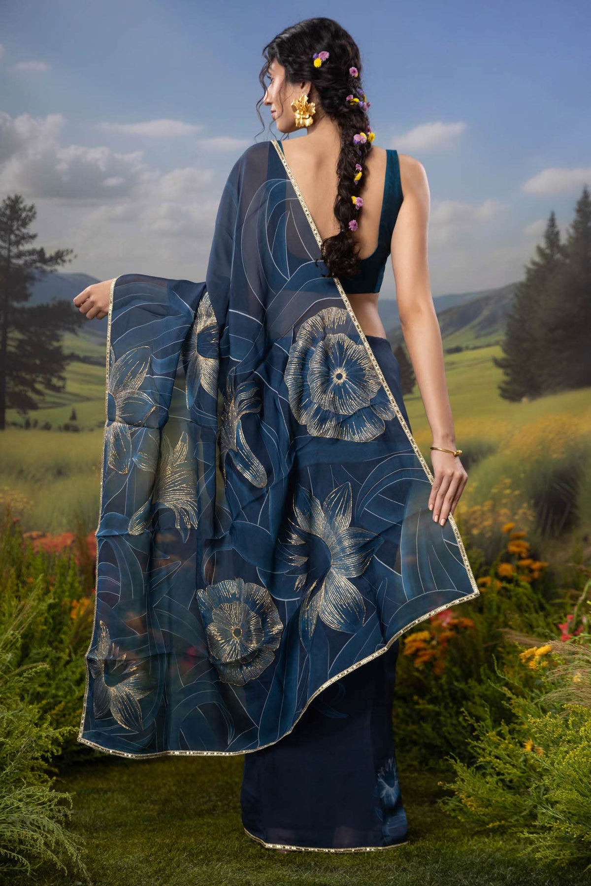 Gilded Daffodils-Blue Organza Silk Saree