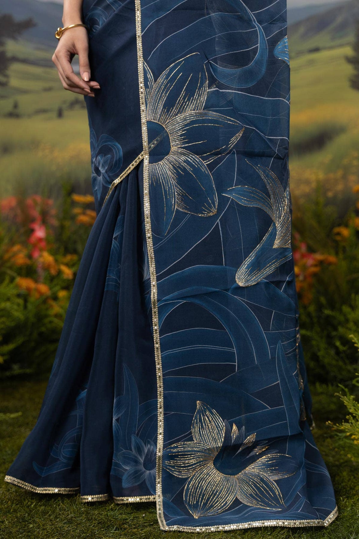 Gilded Daffodils-Blue Organza Silk Saree