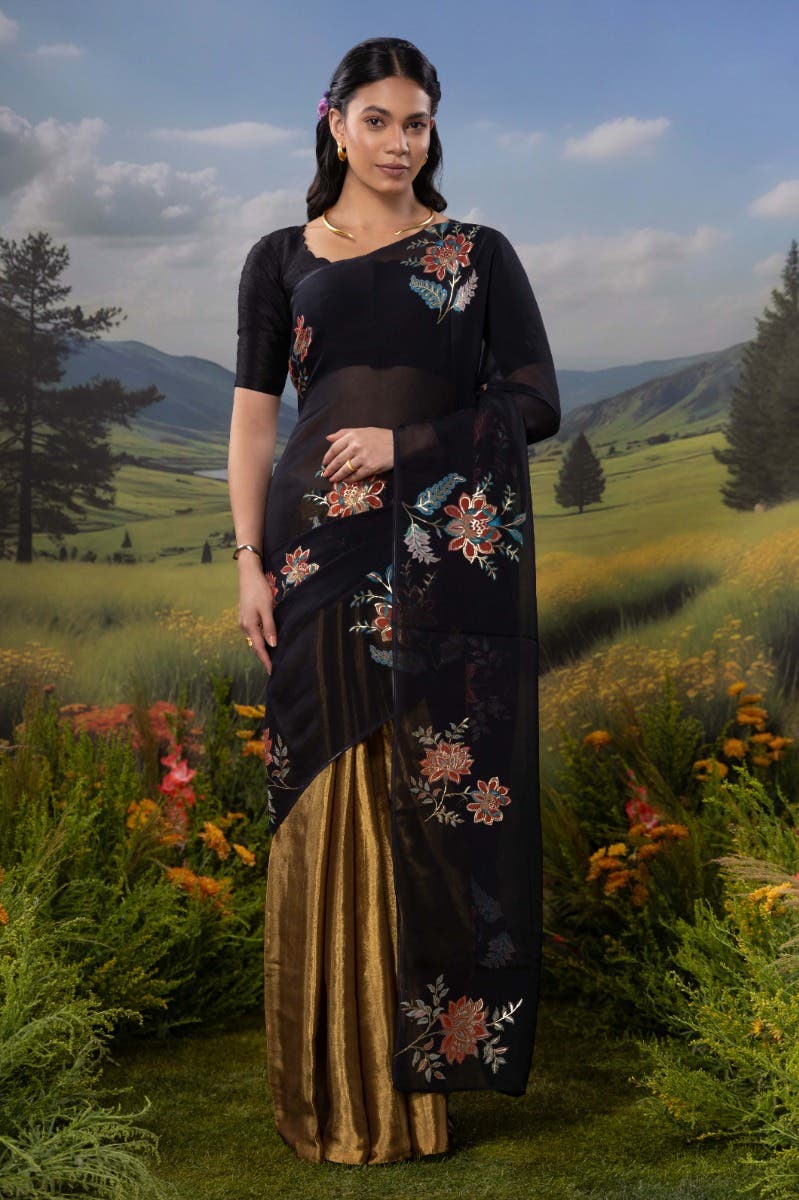 Dawn and Dusk-Gold & Black Organza Silk Saree