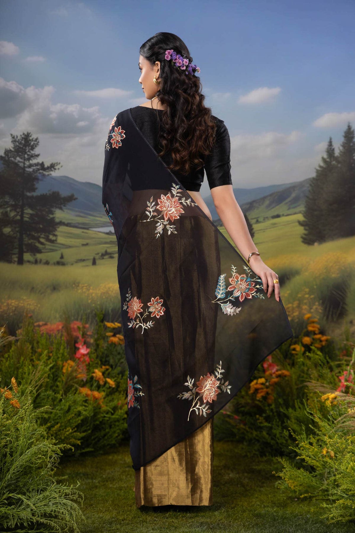 Dawn and Dusk-Gold & Black Organza Silk Saree