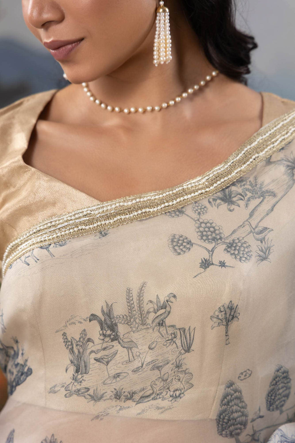 Blue Forest-White Pure Organza Silk Saree