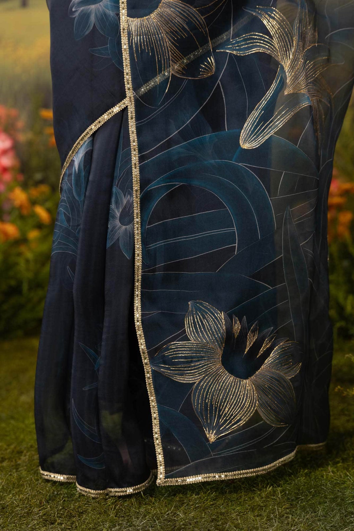 Gilded Daffodils-Blue Pure Organza Silk Saree