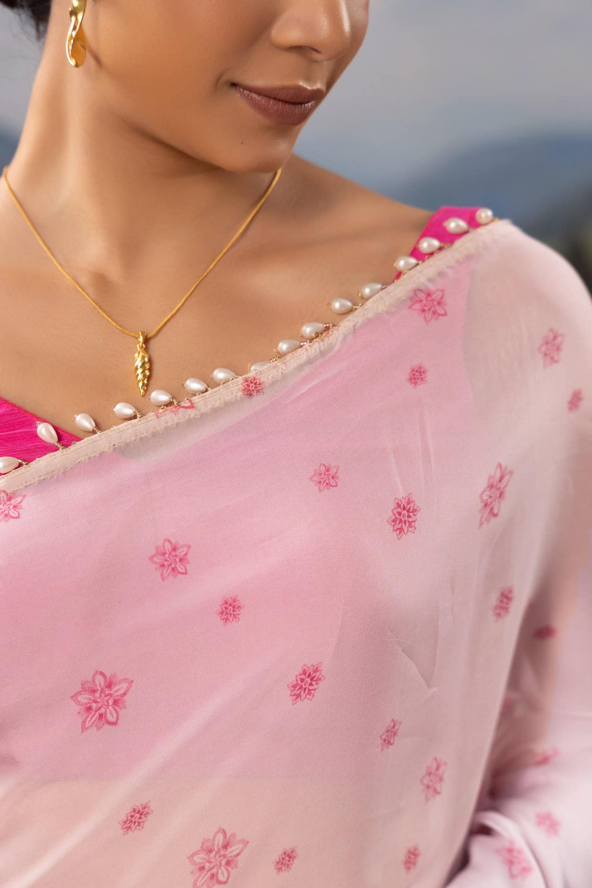 Flower Trails-Pastel Pink Organza Silk Saree