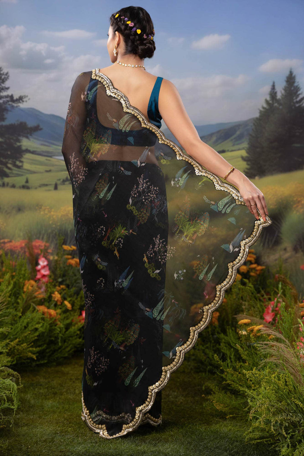 Enchanted Dreams-Dark Blue Pure Organza Silk Saree