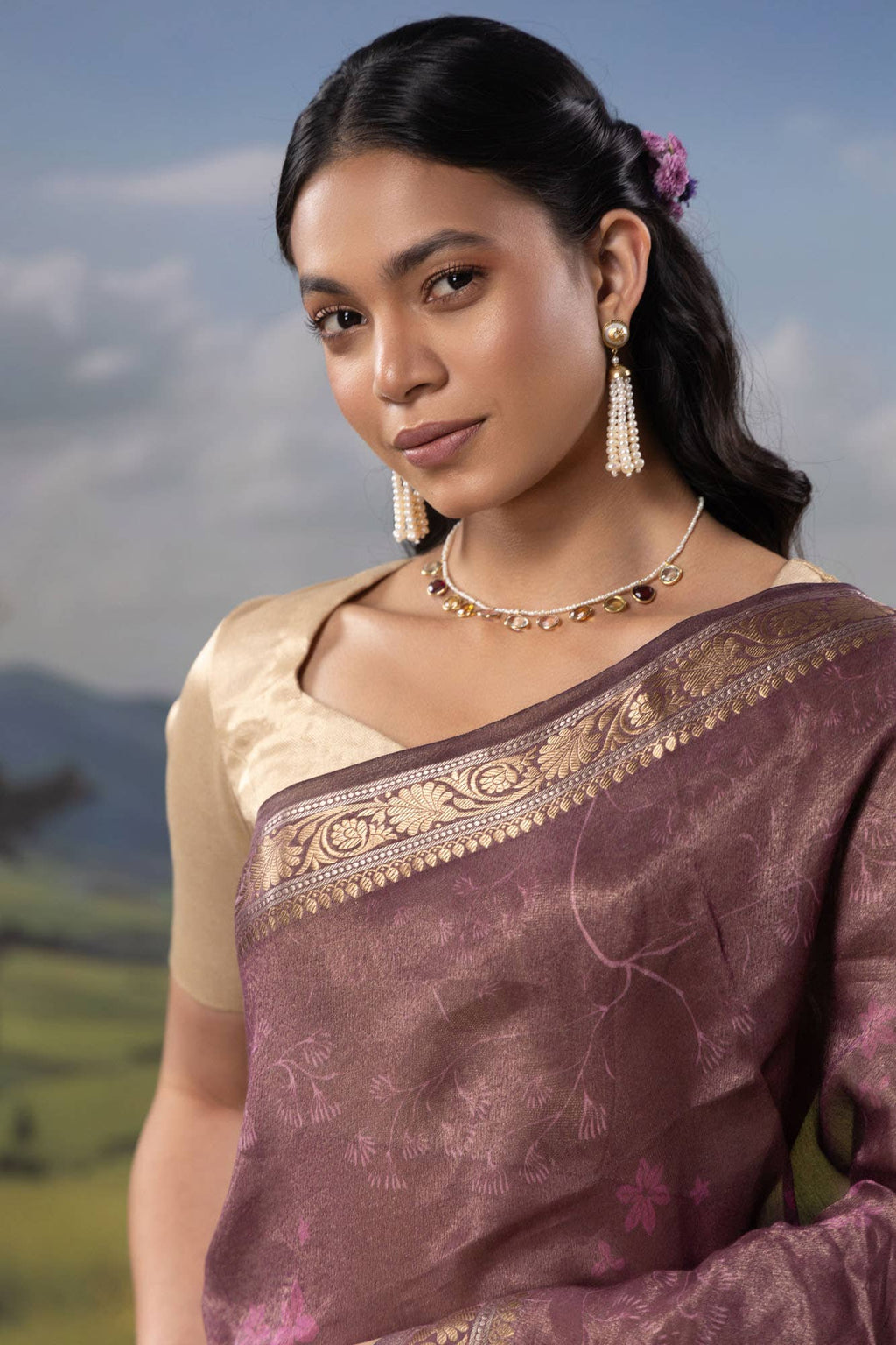 Ikebana's Promise-Wine Cotton Tissue Saree