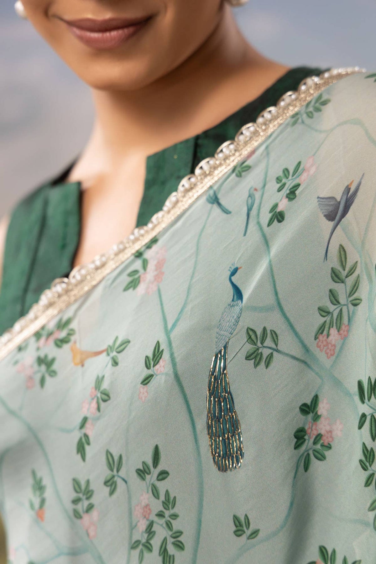 Oriental Gardens-Sea Green Organza Silk Saree