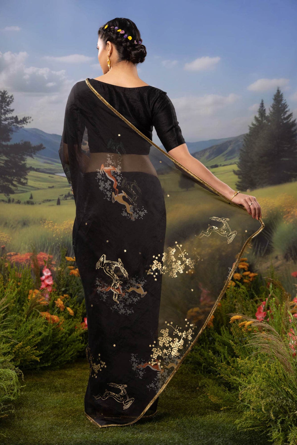 Leaping Deer-Black Pure Organza Silk Saree