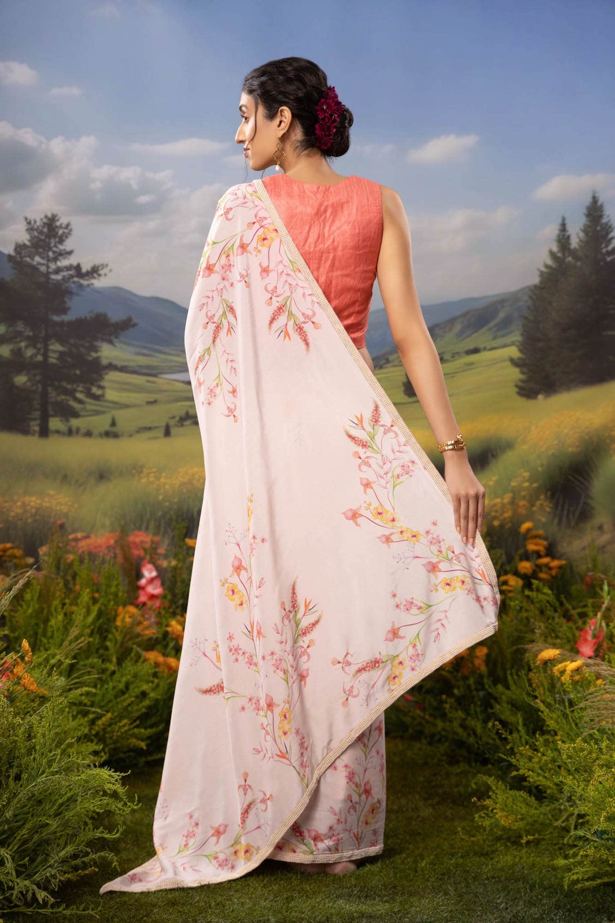 Wild Orchids-Off White Crepe Saree