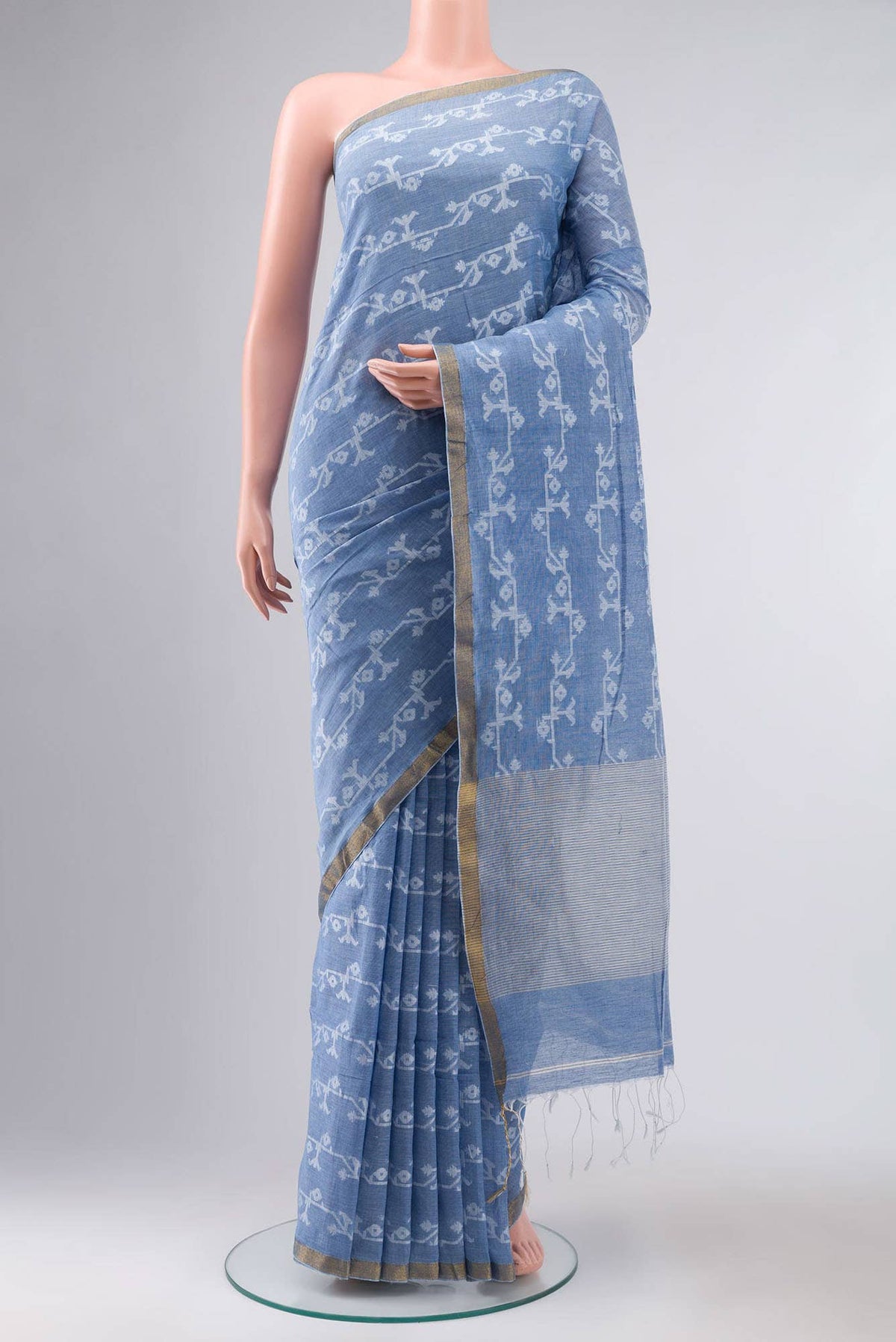 Kadambini-Dusty Blue Bengal Cotton Saree