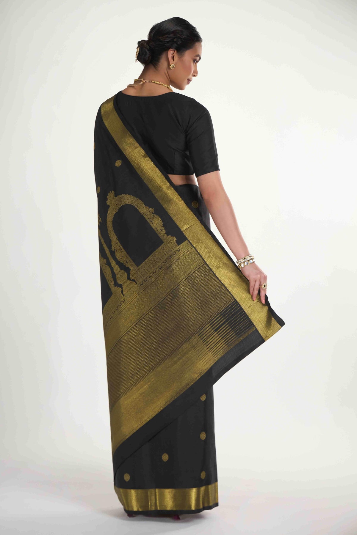 Thiruvakshi-Pure Silk Pure Gold Zari Black Kanchipuram Saree