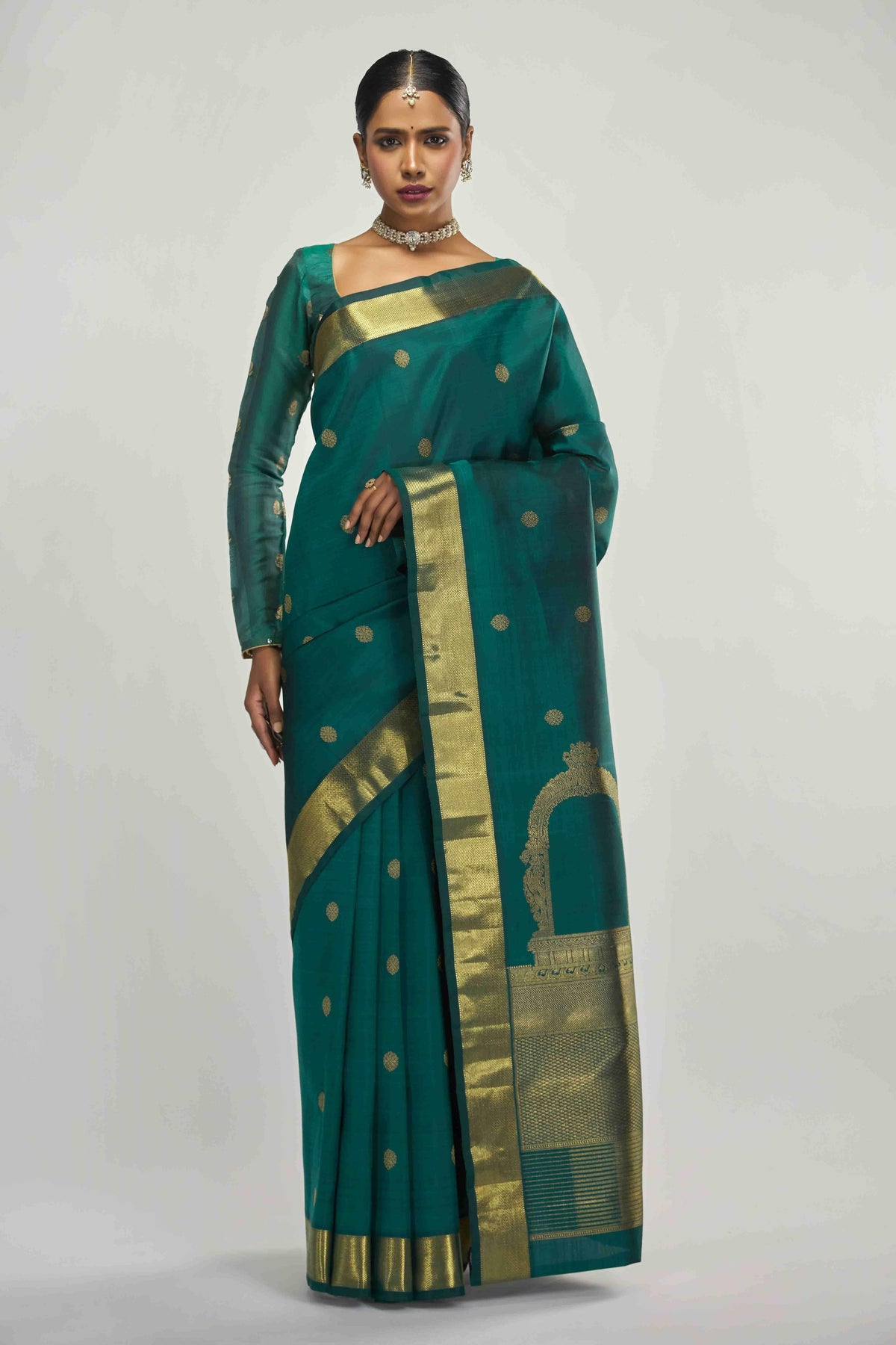 Thiruvakshi-Pure Silk Pure Gold Zari Green Kanchipuram Saree