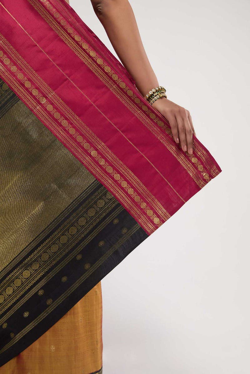 Kamala-Pure Silk Pure Gold Zari Mustard with Red Dual Tone Kanchipuram Saree