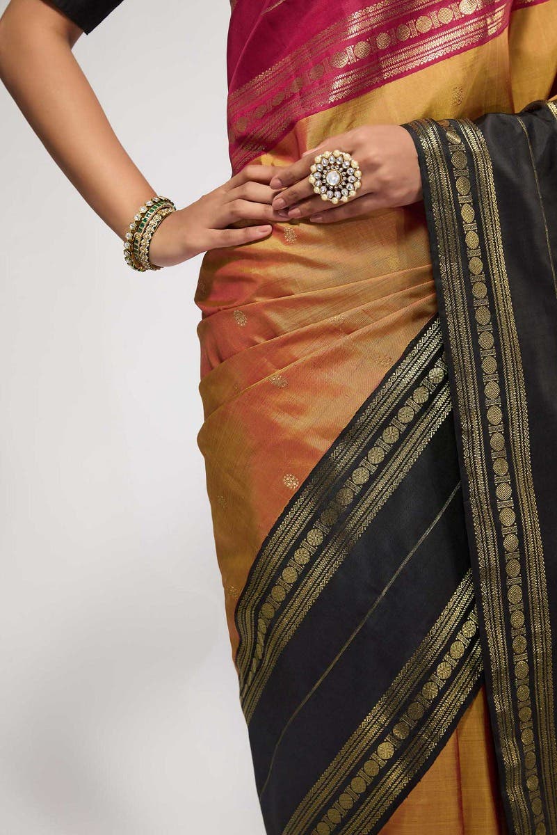 Kamala-Pure Silk Pure Gold Zari Mustard with Red Dual Tone Kanchipuram Saree