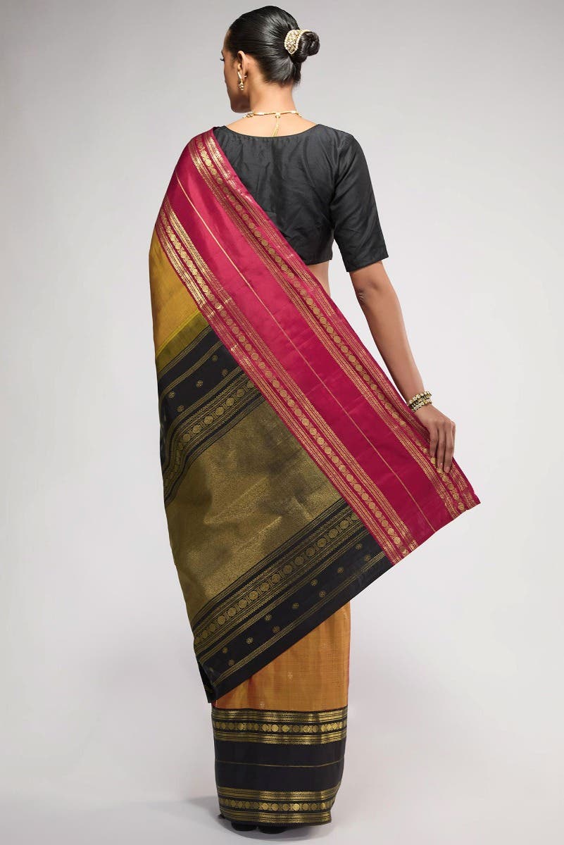 Kamala-Pure Silk Pure Gold Zari Mustard with Red Dual Tone Kanchipuram Saree