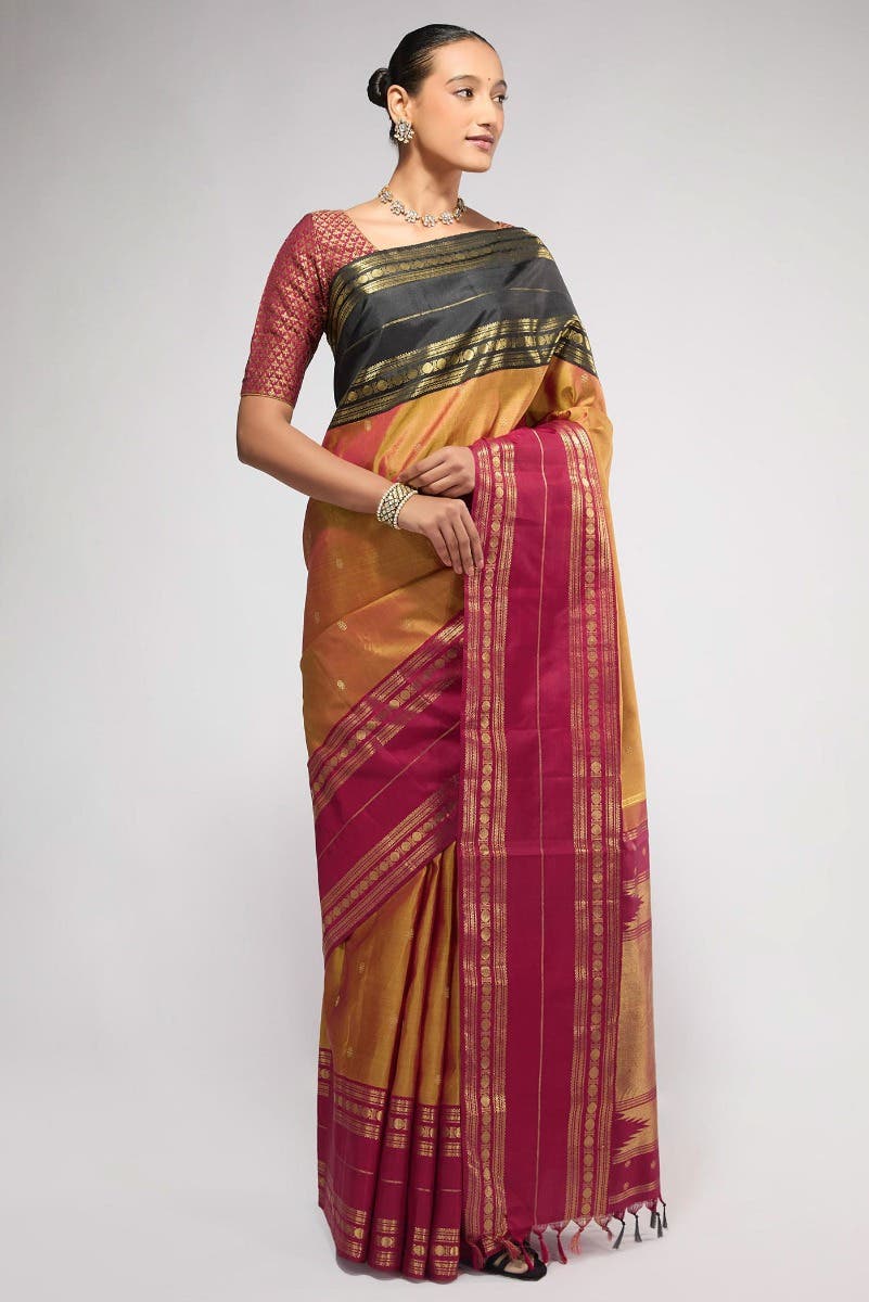 Kamala-Pure Silk Pure Gold Zari Mustard with Red Dual Tone Kanchipuram Saree