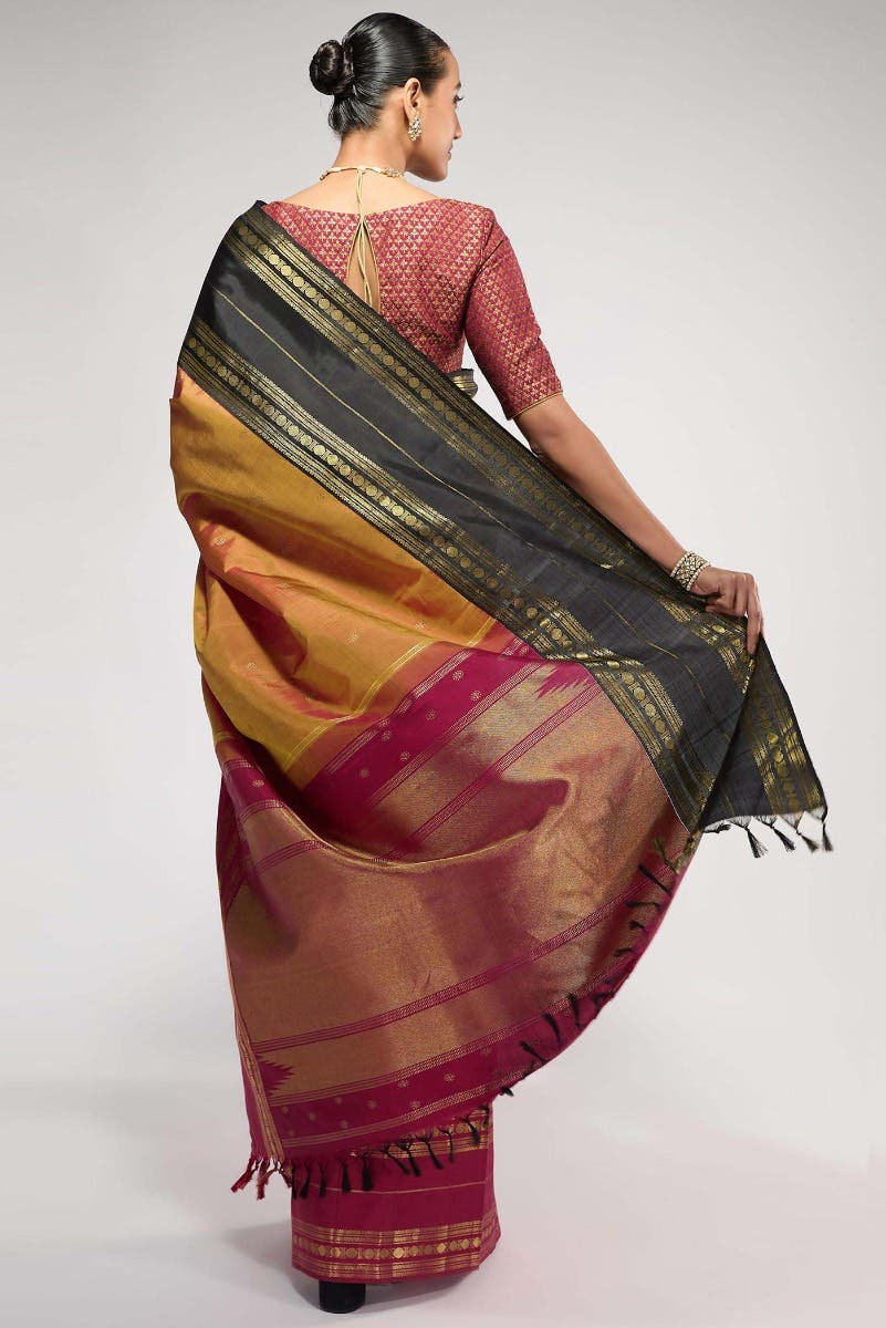 Kamala-Pure Silk Pure Gold Zari Mustard with Red Dual Tone Kanchipuram Saree