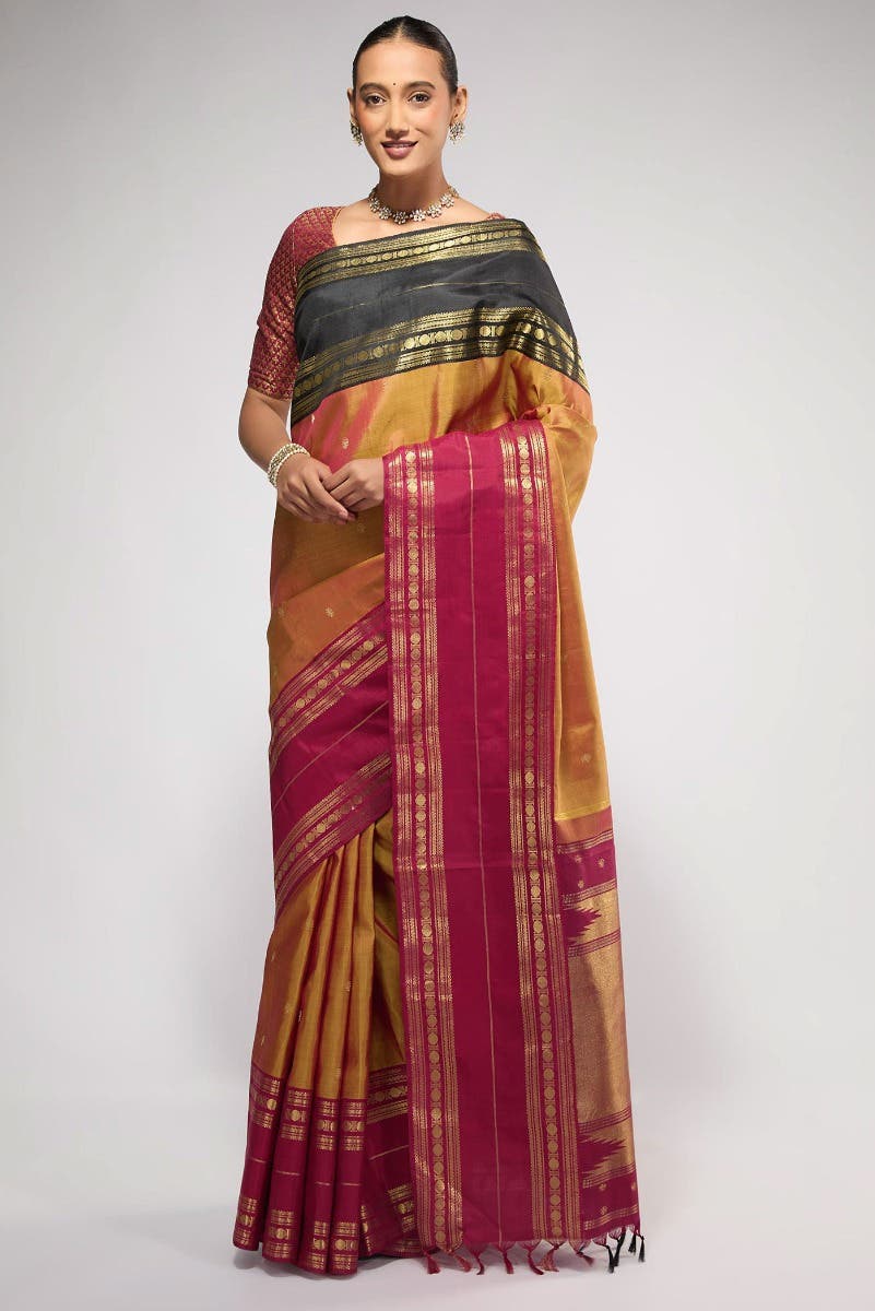 Kamala-Pure Silk Pure Gold Zari Mustard with Red Dual Tone Kanchipuram Saree