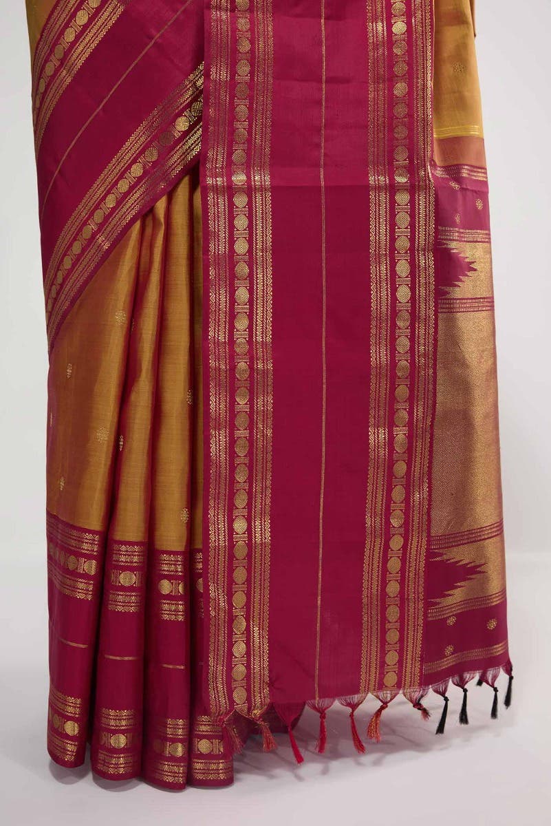 Kamala-Pure Silk Pure Gold Zari Mustard with Red Dual Tone Kanchipuram Saree